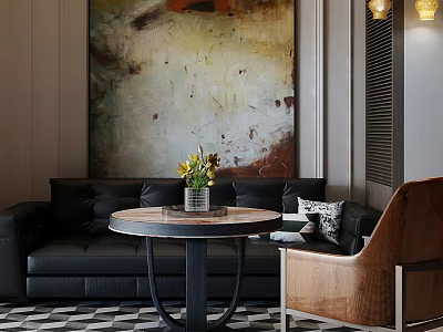 Elegant Modern Hotel Public Lounge Interior With Round Coffee Table Black Sofa And Large Artwork 3d model