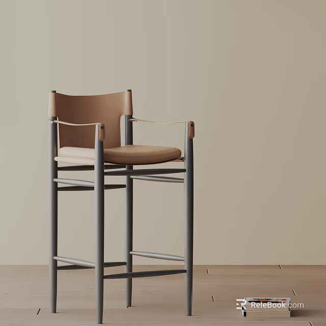 Modern Stylish Bar Stool With Brown Leather Seat And Gray Metal Frame Design 3d model 