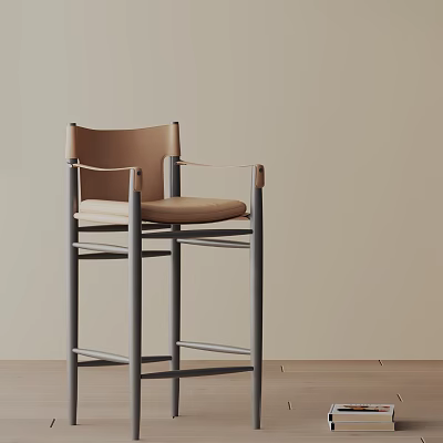 Modern Stylish Bar Stool With Brown Leather Seat And Gray Metal Frame Design 3d model