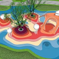 Colorful Outdoor Children's Playground With Blue Pink Flooring Trees And Hole Designs