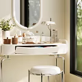 Elegant Dressing Table With Oval Mirror Cosmetics Potted Plant And Stool By Window With Greenery 3d model