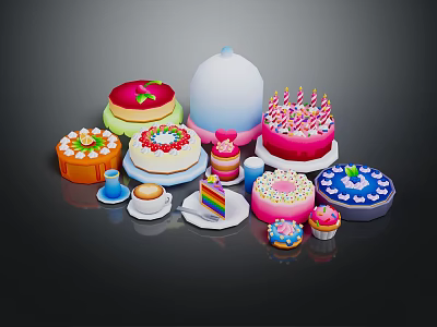 Assorted Colorful Desserts Featuring Birthday Cake With Candles Cupcakes Decorated Round Cakes Coffee Cup Saucer 3d model