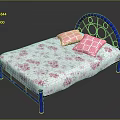 Blue Metal Bed With Headboard White Mattress Pink Floral Pattern And Two Pink Checkered Pillows