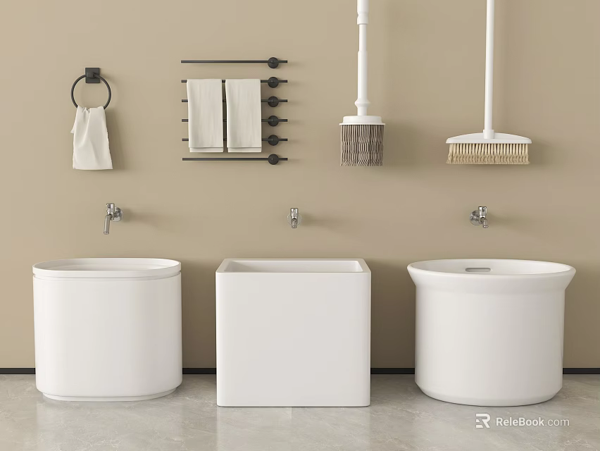 Bathroom Accessories Including White Basins Towel Rack Towels And Cleaning Brushes 3d model 