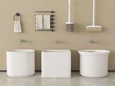 Bathroom Accessories Including White Basins Towel Rack Towels And Cleaning Brushes 3d model