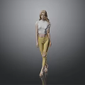 Blonde Woman Standing Gray Background Wearing White Cropped Top Yellow Ripped Pants Beige Sandals