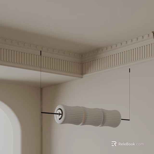 White Cylindrical Striped Chandelier Hanging with Black Rod and Wires from White Ceiling Cornice Corner 3d model 