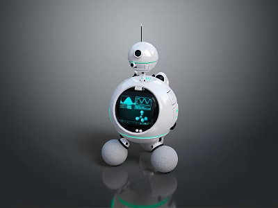 Cute Futuristic Game and Movie Character With White Spherical Body Blue Screen and Round Base 3d model