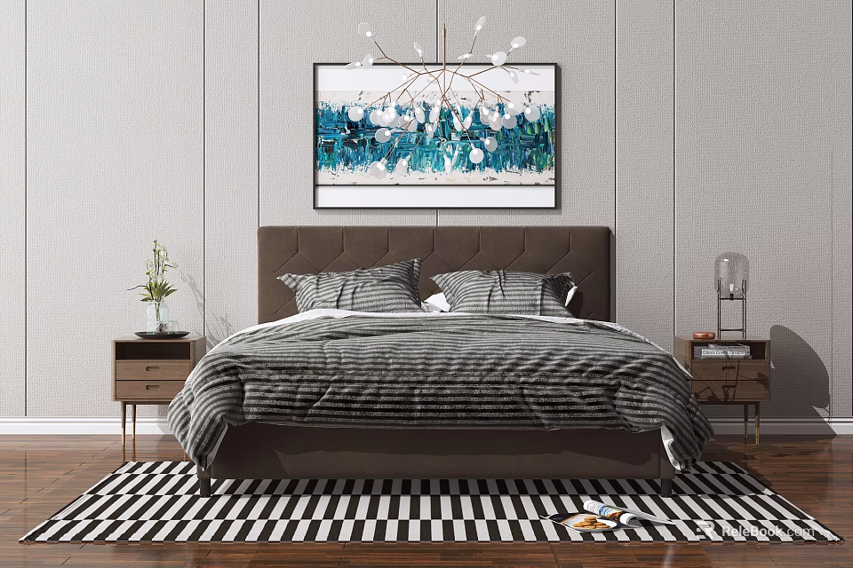Double Bed With Gray Striped Quilt Pillows Dark Headboard And Blue White Floral Painting Above 3d model 
