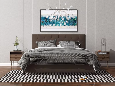 Double Bed With Gray Striped Quilt Pillows Dark Headboard And Blue White Floral Painting Above 3d model