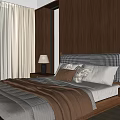 Comfortable Double Bed With Wooden Wall Window Curtains Nightstand Table Lamp And Pillows