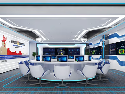 Modern High Tech Control Room With Multiple Screens And Console Chairs 3d model