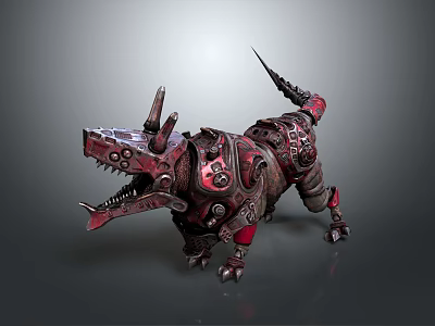 Futuristic Cybernetic Dog Creature With Red Metallic Armor Spiked Claws And Gears 3d model