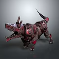 Futuristic Cybernetic Dog Creature With Red Metallic Armor Spiked Claws And Gears