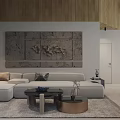 Modern Open Concept Living Dining Room With Wooden Ceiling Light Gray Sofa And Dining Table 3d model