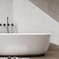 Modern Bathroom Interior With Freestanding Bathtub Wall Mounted Vanity And Mirror