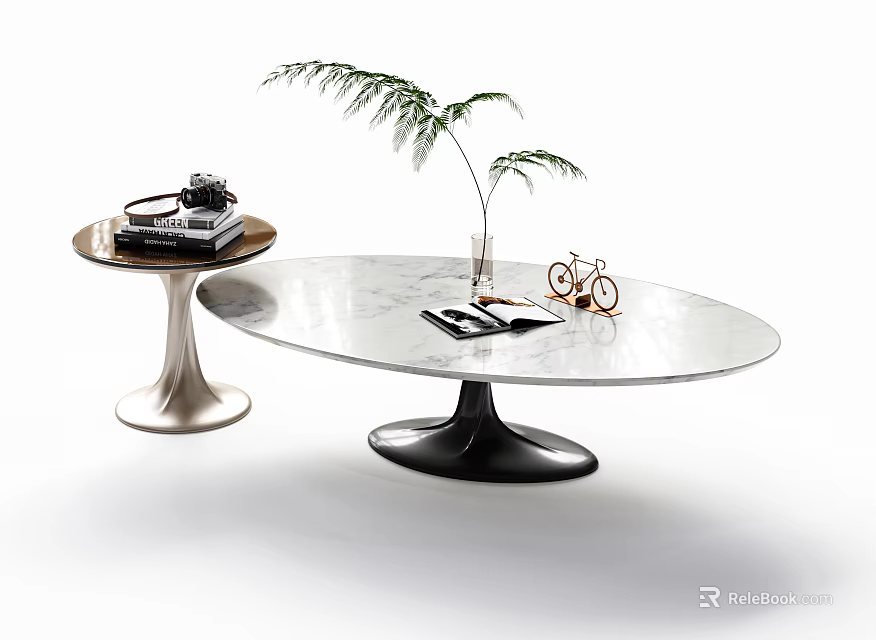 Modern Oval Coffee Table With Side Table Vintage Radio And Bicycle Ornament 3d model 