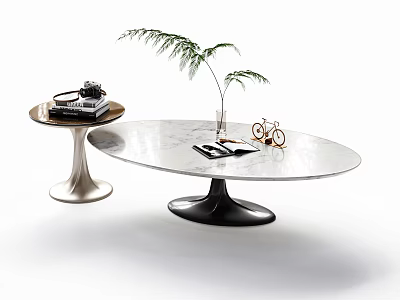 Modern Oval Coffee Table With Side Table Vintage Radio And Bicycle Ornament 3d model
