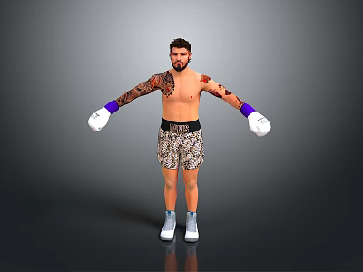 Shirtless Man With Tattoos Wearing Purple White Boxing Gloves And Leopard Print Shorts 3d model