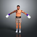 Shirtless Man With Tattoos Wearing Purple White Boxing Gloves And Leopard Print Shorts