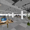 Spacious Public Office Space With Workstations Computers Office Chairs Exposed Ceiling And Carpeted Floors 3d model