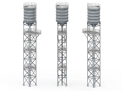 Three Industrial Water Towers With Metal Structure Ladder And Platform 3d model