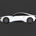 White sports car with sleek aerodynamic body black roof blue front accents on reflective surface