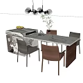 Modern Dining Table Set With Marble Top Gray Brown Chairs Pendant Lights And Potted Plant
