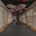 Japanese Style Hotel Corridor With Wooden Lattice Doors Decorative Umbrellas And Cherry Blossom Tree