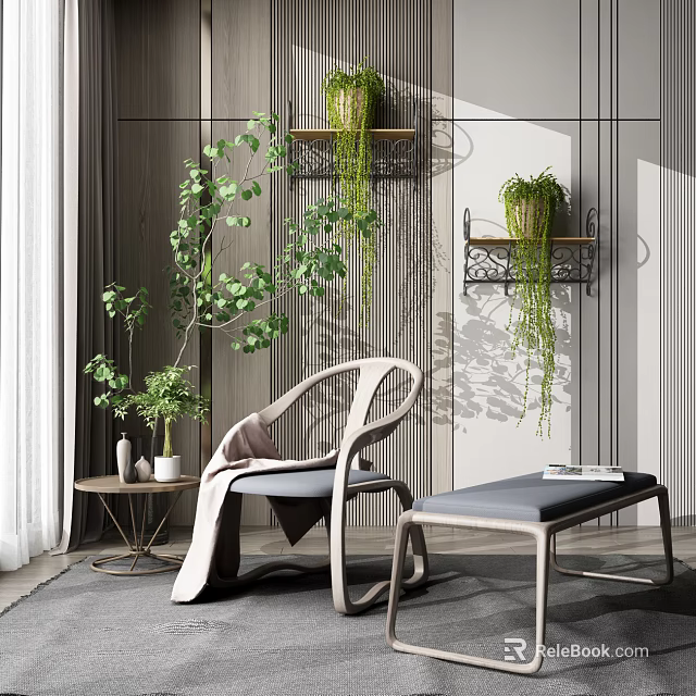 Modern Leisure Chair With Cozy Blanket Green Plants Side Table And Striped Wall Near Shelves 3d model 