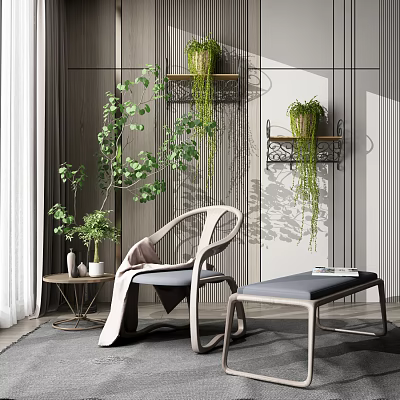Modern Leisure Chair With Cozy Blanket Green Plants Side Table And Striped Wall Near Shelves 3d model