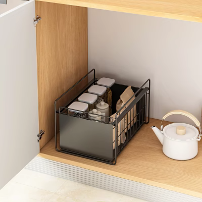 White Lid Spice Jars Stored in Black Metal Organizer on Wooden Kitchen Countertop 3d model