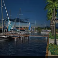Scenic Evening Marina Landscape With Sailboats Palm Trees And Lit Street Lamps