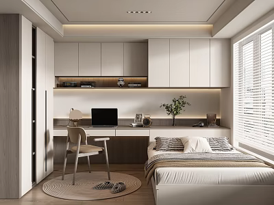 Modern Tatami Bedroom Interior With White Cabinets Desk Plant Computer Blinds And Round Rug 3d model