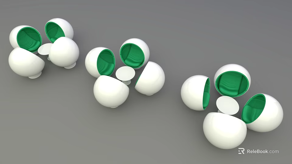 Modern White Spherical Sofa and Coffee Table Set with Green Interior and Small White Discs 3d model