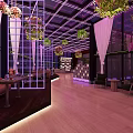 Modern Bar Interior With Purple Lighting Hanging Plants Glass Walls And Open Layout