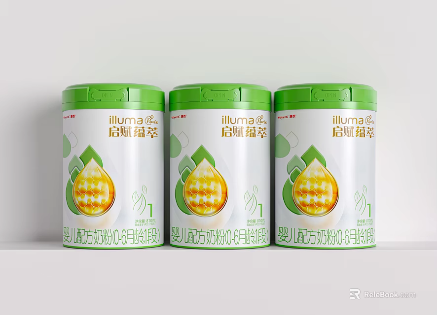 Three White Ceramic Jars With Green Lids For Milk Powder Storage 3d model