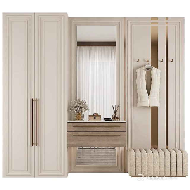 Modern Entryway Cabinet Sideboard With Mirror Hanger Bench And Decorative Drawer 3d model 