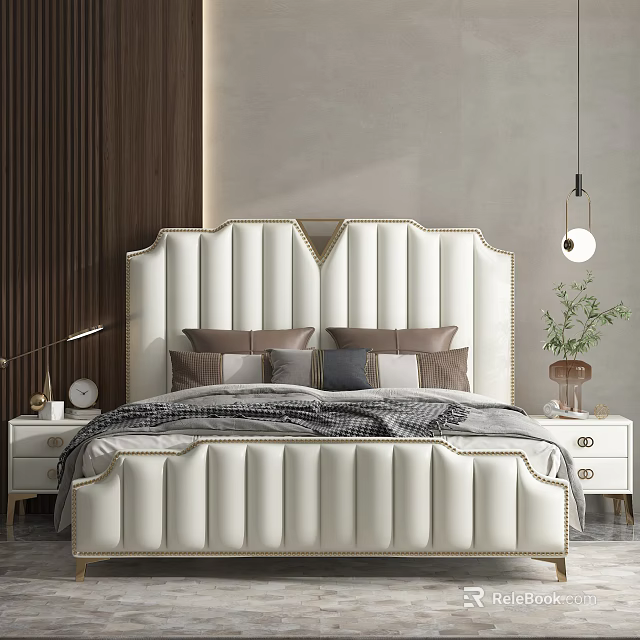 Double Bed with White Padded Headboard Gold Stitching Pillows Blanket Nightstands Lamp Green Plant 3d model 