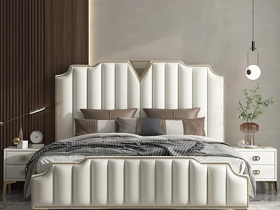 Double Bed with White Padded Headboard Gold Stitching Pillows Blanket Nightstands Lamp Green Plant 3d model