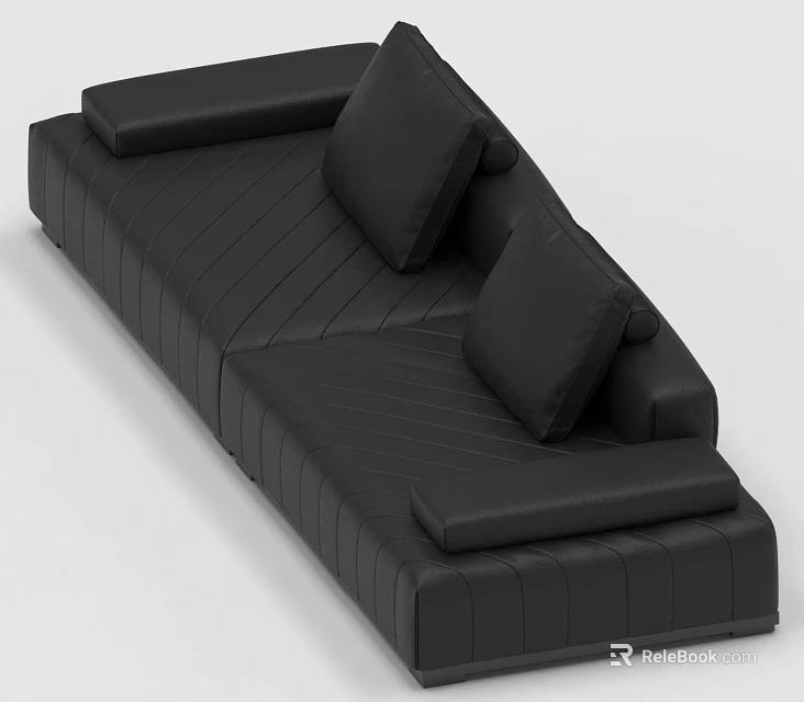 Modern Black Leather Three Seater Sofa with Striped Design and Cushions 3d model 