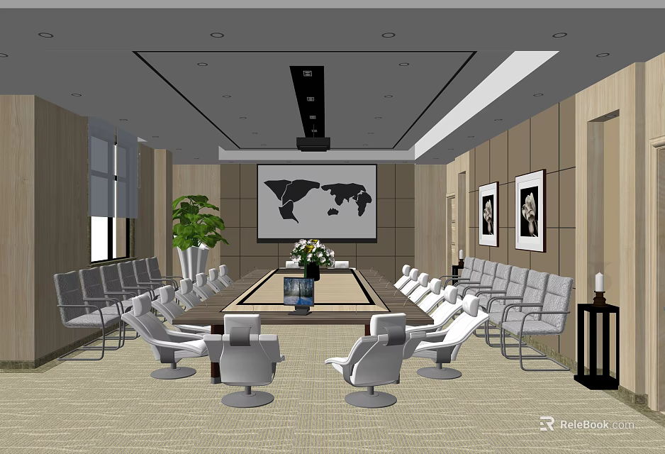 Modern Conference Room With White Chairs Long Table World Map Wall Paintings And Potted Plant 3d model 