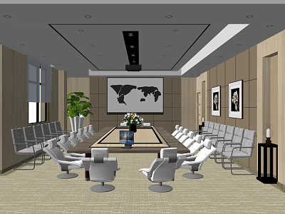 Modern Conference Room With White Chairs Long Table World Map Wall Paintings And Potted Plant 3d model