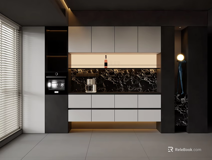 Modern Sideboard With Black White Cabinets Marble Backsplash Coffee Machine And Warm Lighting 3d model