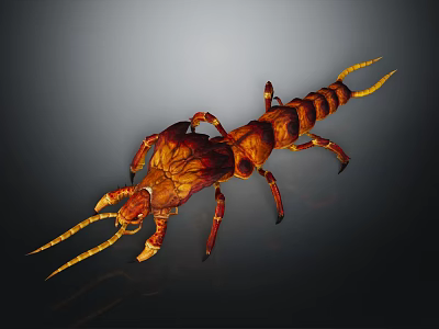 Detailed Red Brown Reptile With Long Yellow Antennae Segmented Body On Dark Background 3d model
