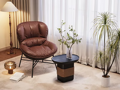 Brown Leather Armchair With Small Round Table Potted Plant Floor Lamp And Rug 3d model