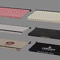 Diverse Awnings with Striped Patterns and Commercial Logos in Red Beige Black
