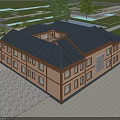 Traditional Chinese Detached Villa With Yellow Exterior Dark Roof Red Door Balcony And Green Garden