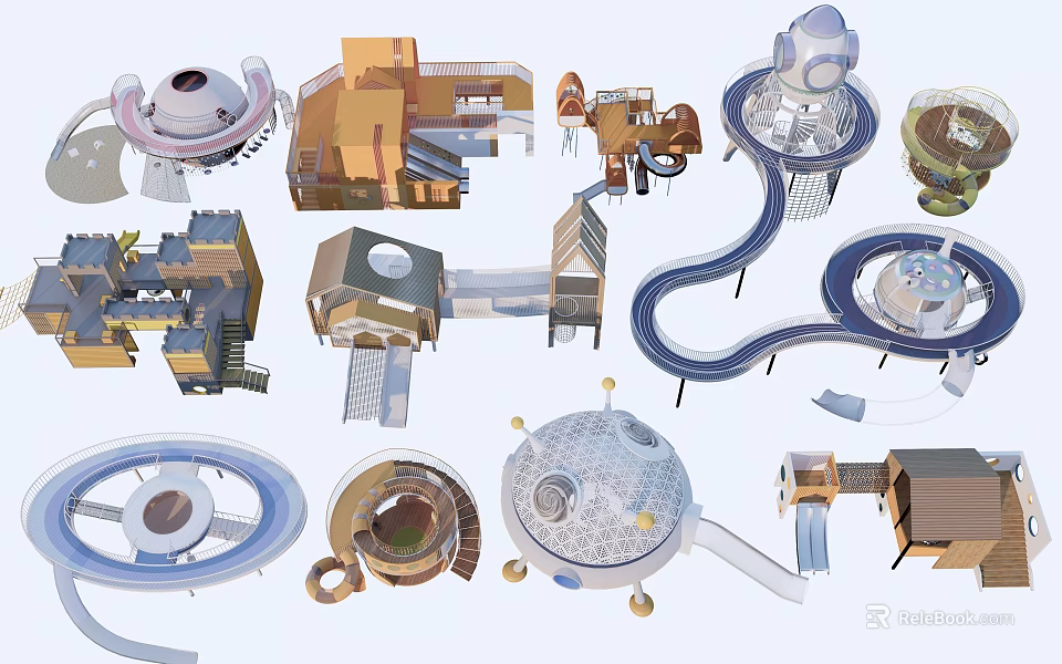 Modern Playground Equipment Featuring Various Slides Circular Tunnels And Fun Structures 3d model 