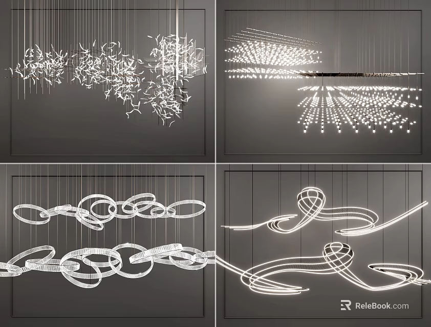 Modern Artistic Chandeliers With Creative Spiral Curved Ring And Chain Designs Illuminated Lighting Fixtures 3d model 